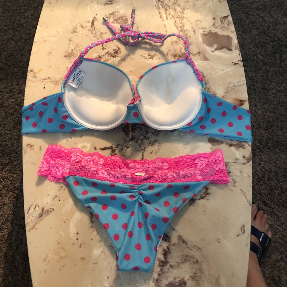 Beach Bunny Aqua Polka Dot Bikini with Hot Pink Lace Trim - Picture 4 of 8